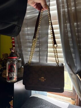 Coach Dark Brown Signature Shoulder Bag with Gold Chain